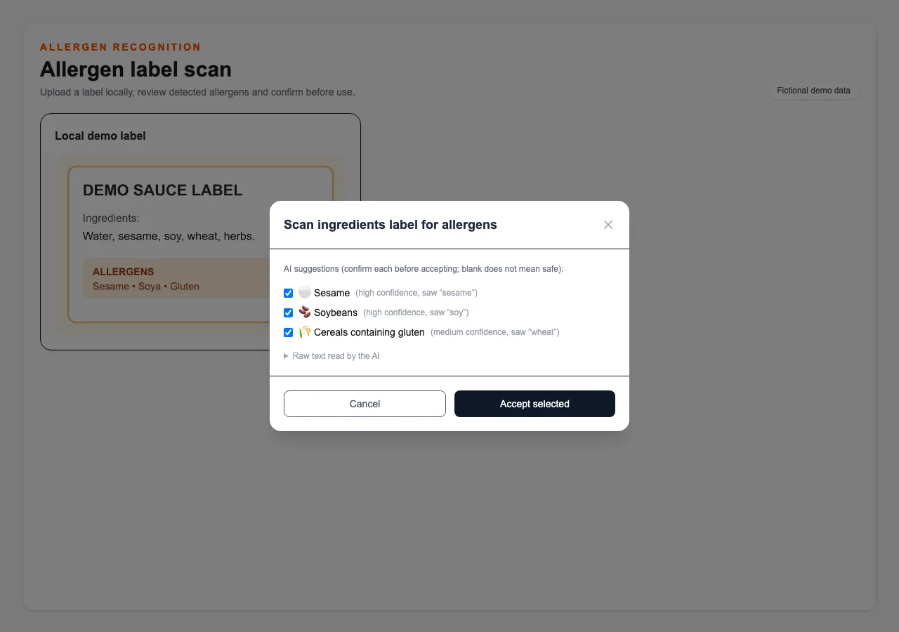 English demo allergen screen showing suggested matches awaiting staff confirmation.
