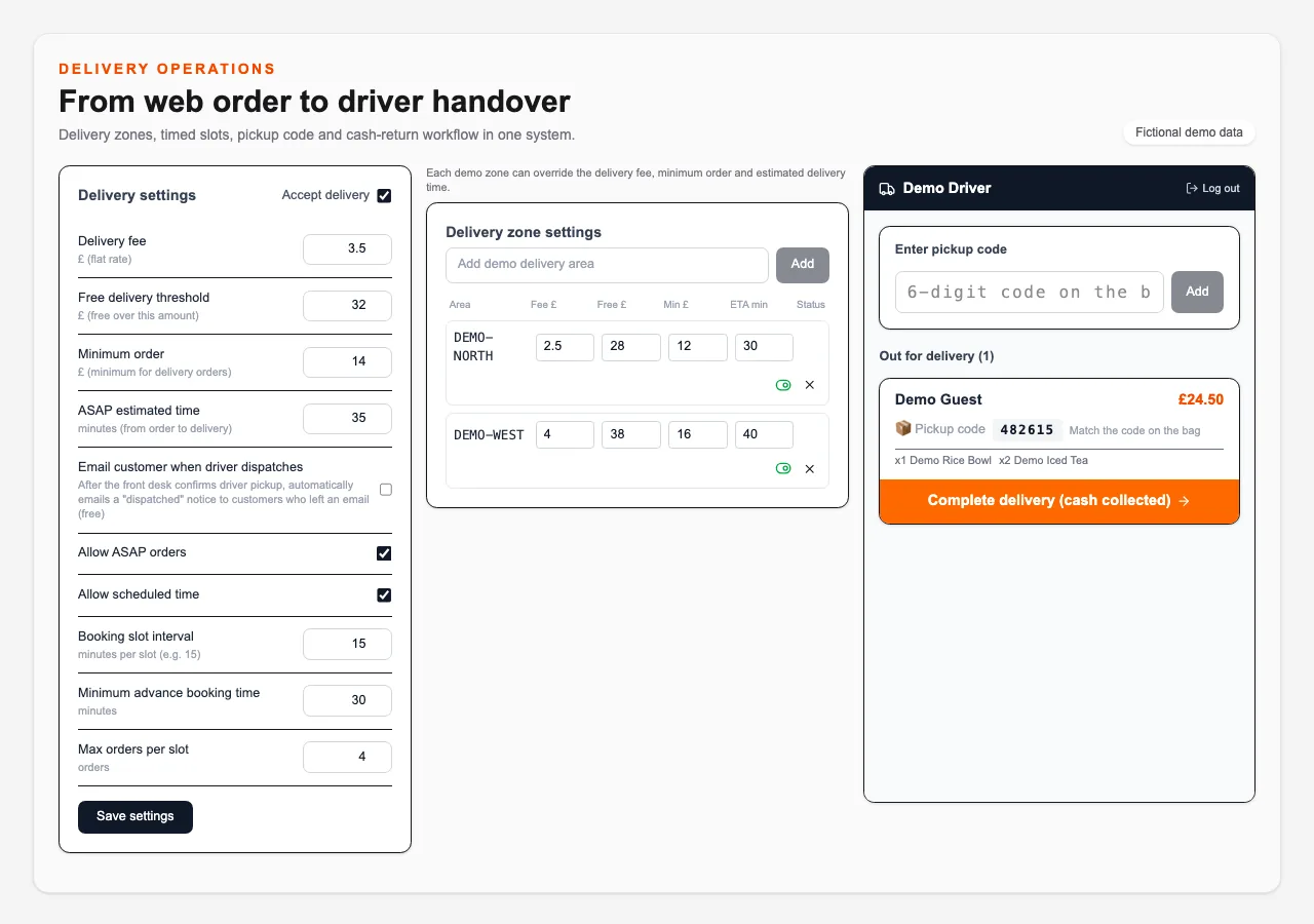 English demo delivery screen showing fictional delivery settings and driver workflow.
