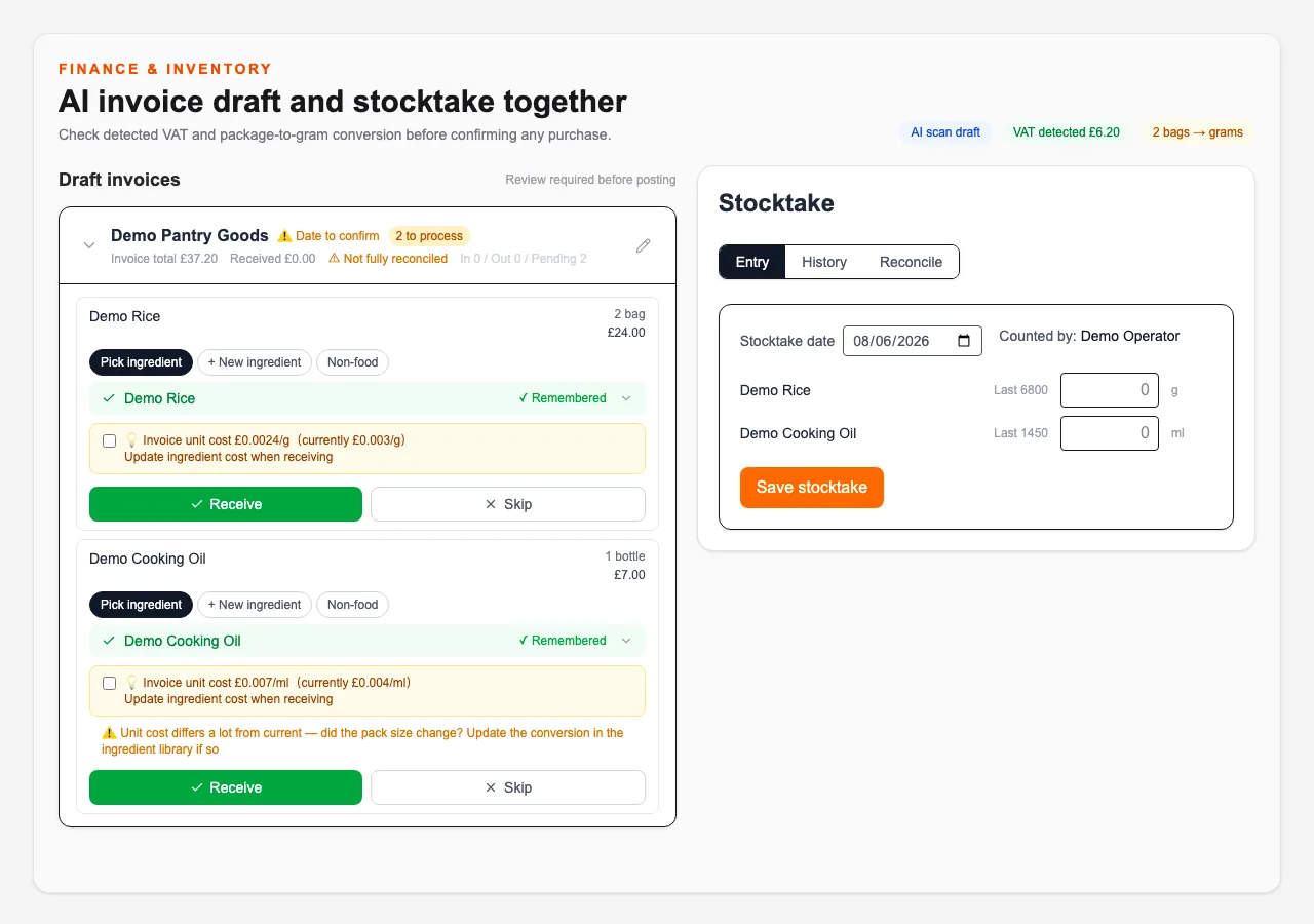 English demo finance and inventory screen showing fictional invoice and stocktake figures.