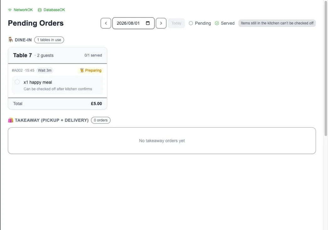 English demo floor screen showing order progress and ready status.