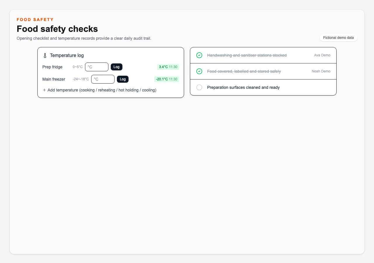 English demo food-safety screen showing checks, temperatures and sign-off.