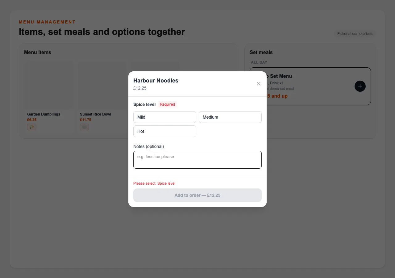 English demo menu-management screen showing sections, set meals and choices.
