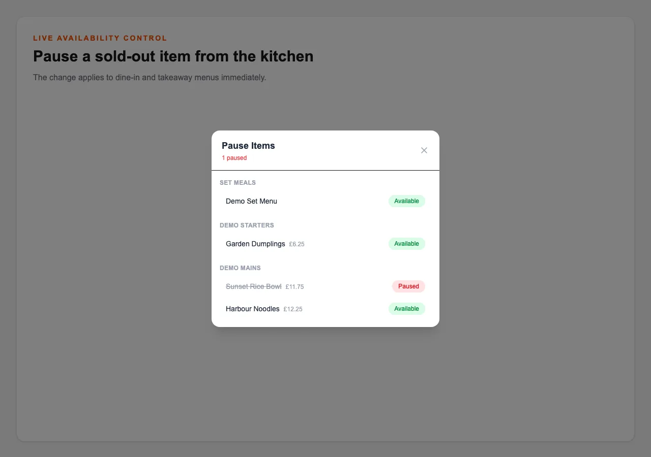 English demo kitchen screen showing an item marked sold out and unavailable.